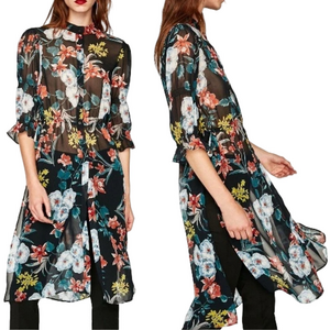 🛼Zara Basic Black Floral Button-Up sheer midi shirt dress beach cover size S GUC